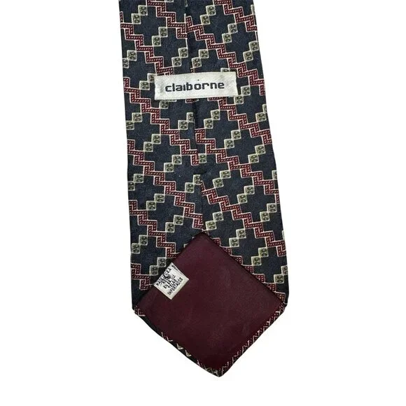 Claiborne Geometric Pattern Men's Silk Tie Red & Navy Vintage - Picture 3 of 5